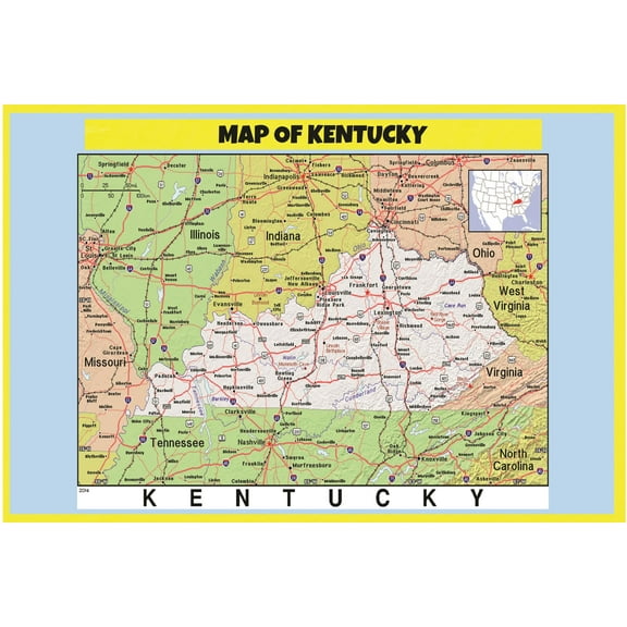 Map of Kentucky Style C - Laminated Wall Map Poster Print Perfect for Classrooms and Homes - Vivid Imagery with Bright Colors - 18x24