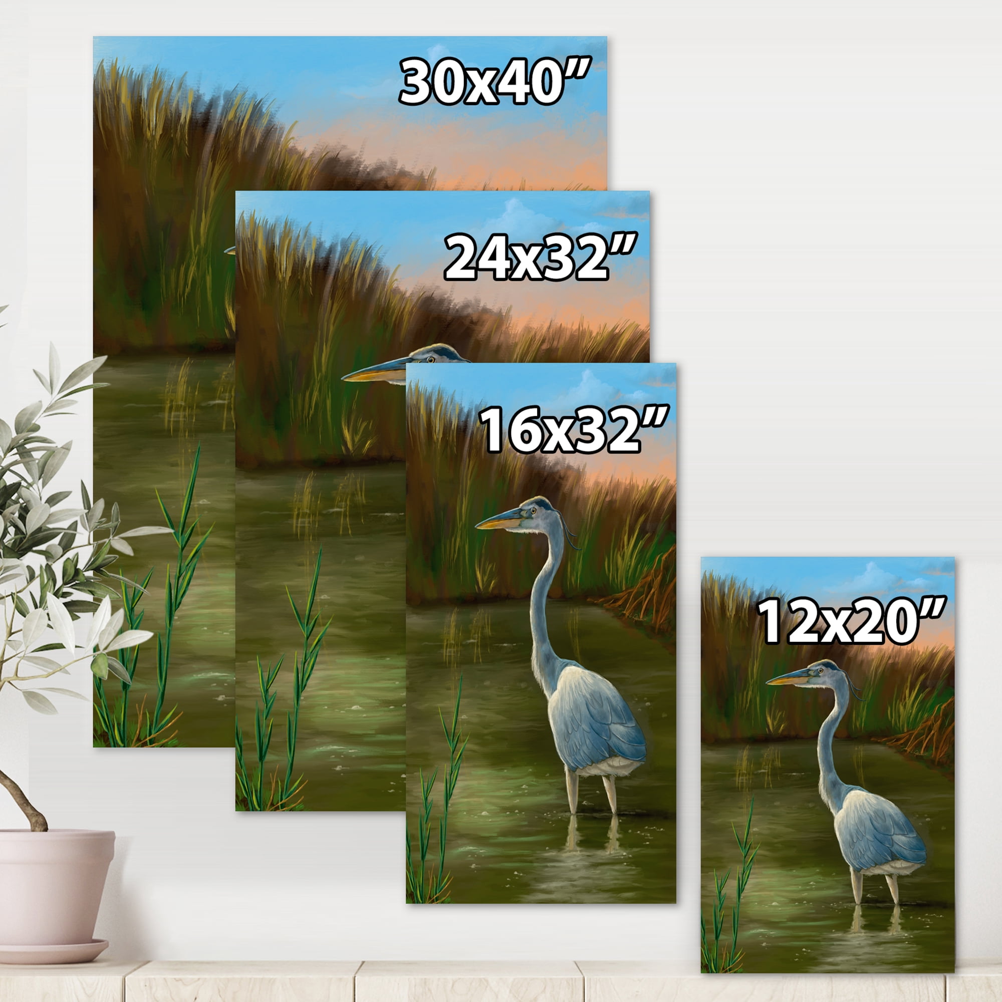 Designart ' Blue Heron Wetland Bird on The Lake Shore ' Traditional Canvas Wall Art Print