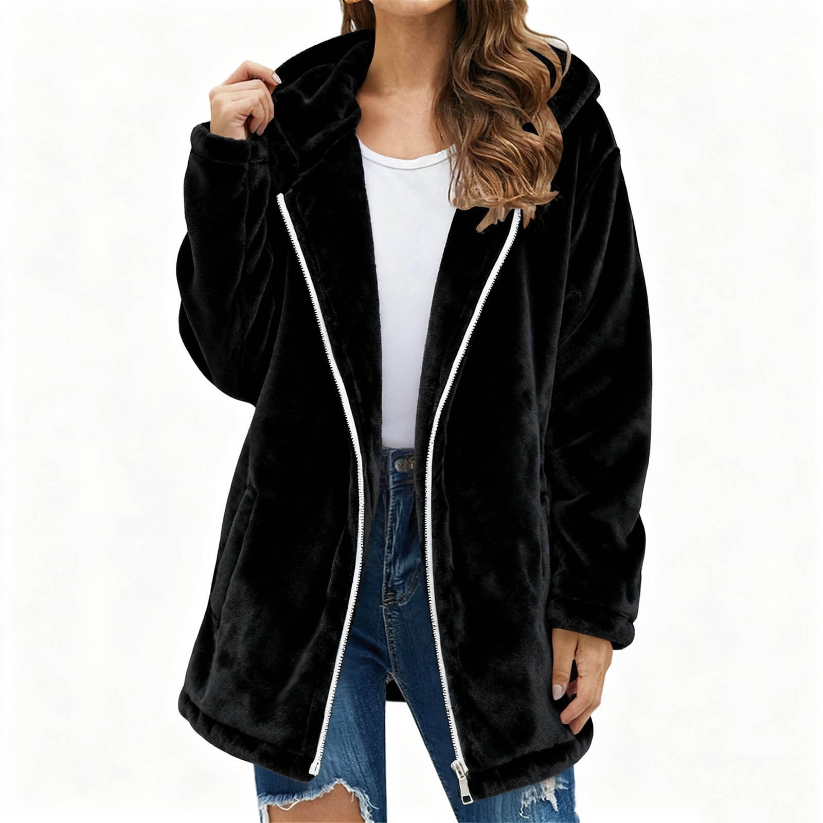 Patlollav Women's Coats plus size Daily Fleece Warm Long Sleeve Zipper Long Sleeve Knee Length Hoodies Tops