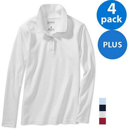 George Plus Size Girls School Uniforms Long-Sleeve Polo Shirts w Scotchgard, 4-Pack Value Bundle