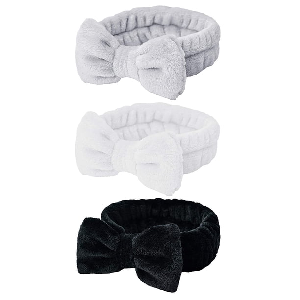 Diadema de spa - 3 piezas Diademas con lazo para niñas y mujeres Diadema elástica suave y encantadora con juego de brochas de maquillaje, envolturas para el cabello Bandas de maquillaje Diadema de
