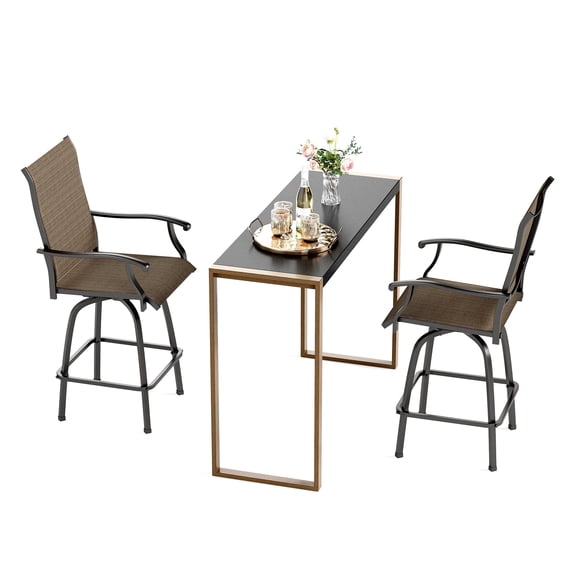 SUMMIT LIVING 3-Piece High Top Outdoor Patio Swivel Bar Stools with Table Set, Metal Counter Height Bistro Set, Black & Brown