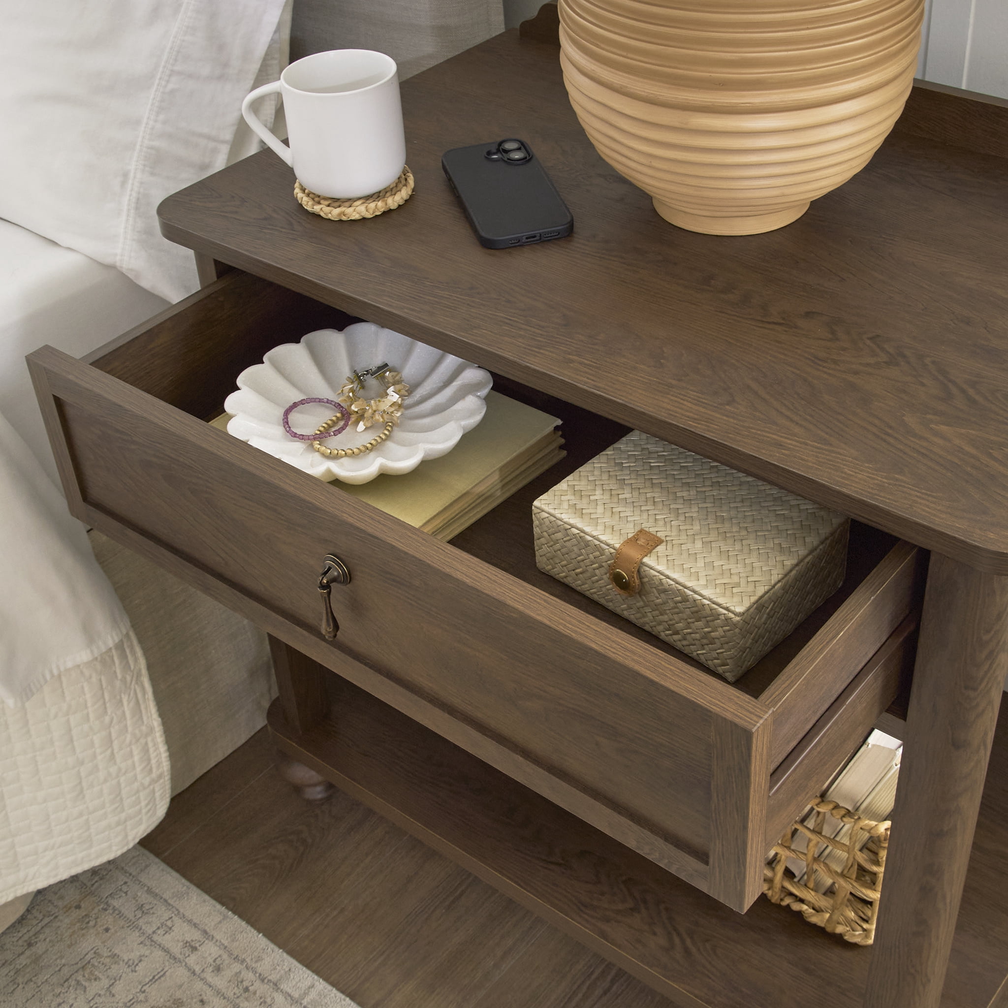 My Texas House Hartwell 1 Drawer Nightstand with USB, Heritage Oak Finish