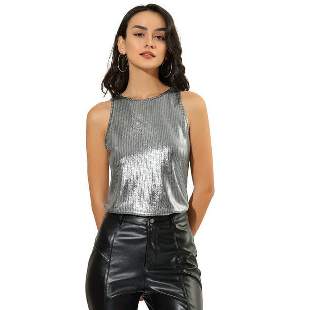 Camiseta Sin Mangas Con Chaleco Brillante Metálico Brillante Sin Mangas Para Fiesta Y Club Para Mujer Color Negro plata S