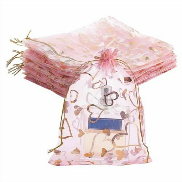 PH PandaHall Sacs en Organza en Forme de Cœur 5x7 Pouces 100 Pcs Sacs-Cadeaux Roses Pochette à Bijoux Sacs Pochettes en Maille à Cordon Sacs de Faveurs de Mariage Sacs-Cadeaux pour la Fête des Mères Festival Noël