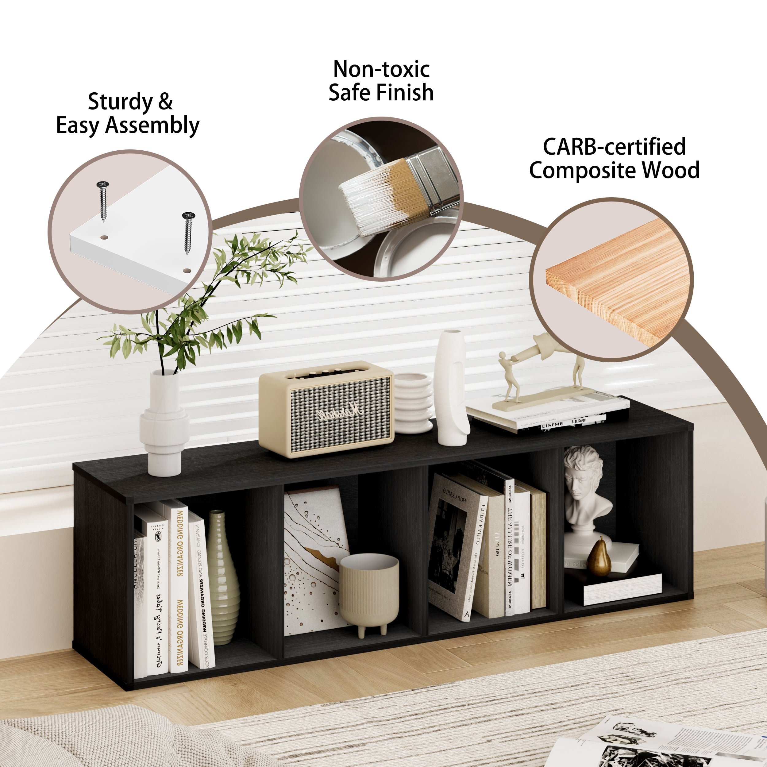 HOMLUX 9" x 12" x 42" Storage Shelf 4 Tier Cube Bookcase, Suitable for Small Space, Black