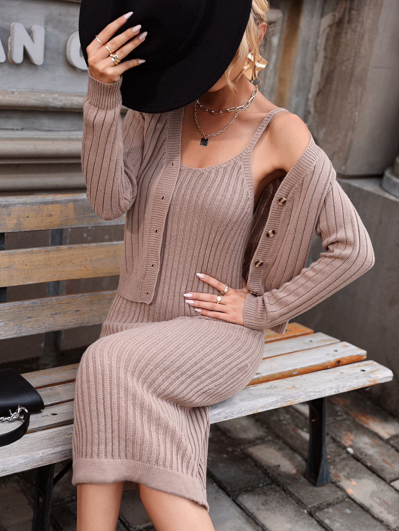 Apricot Button Front Ribbed Knit 