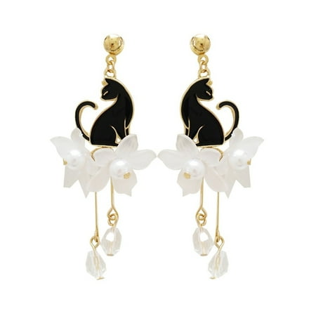 - Black Cat Earrings Flower Woman Dangle Crystal Pearl Style Jewelry, J-305-B