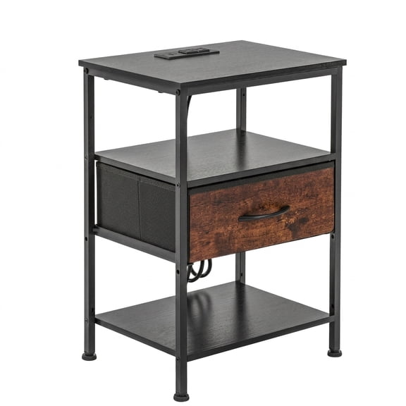 Casabay 1-Drawer Nightstand with Built-in Charging, Black and Rustic Brown Fabric Drawer Bedside Table, USB/Type-C and AC Outlet for Bedroom
