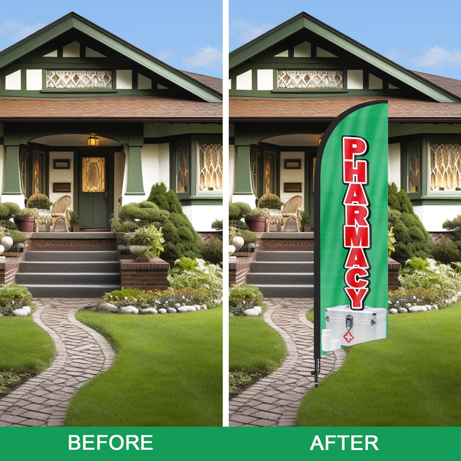 QSUM Pharmacy Feather Flag with Flag Pole Kit and Ground Spike, 8.2FT Pharmacy Windless Flag Banner Sign Business for Outdoor Advertising Sign Decoration Display