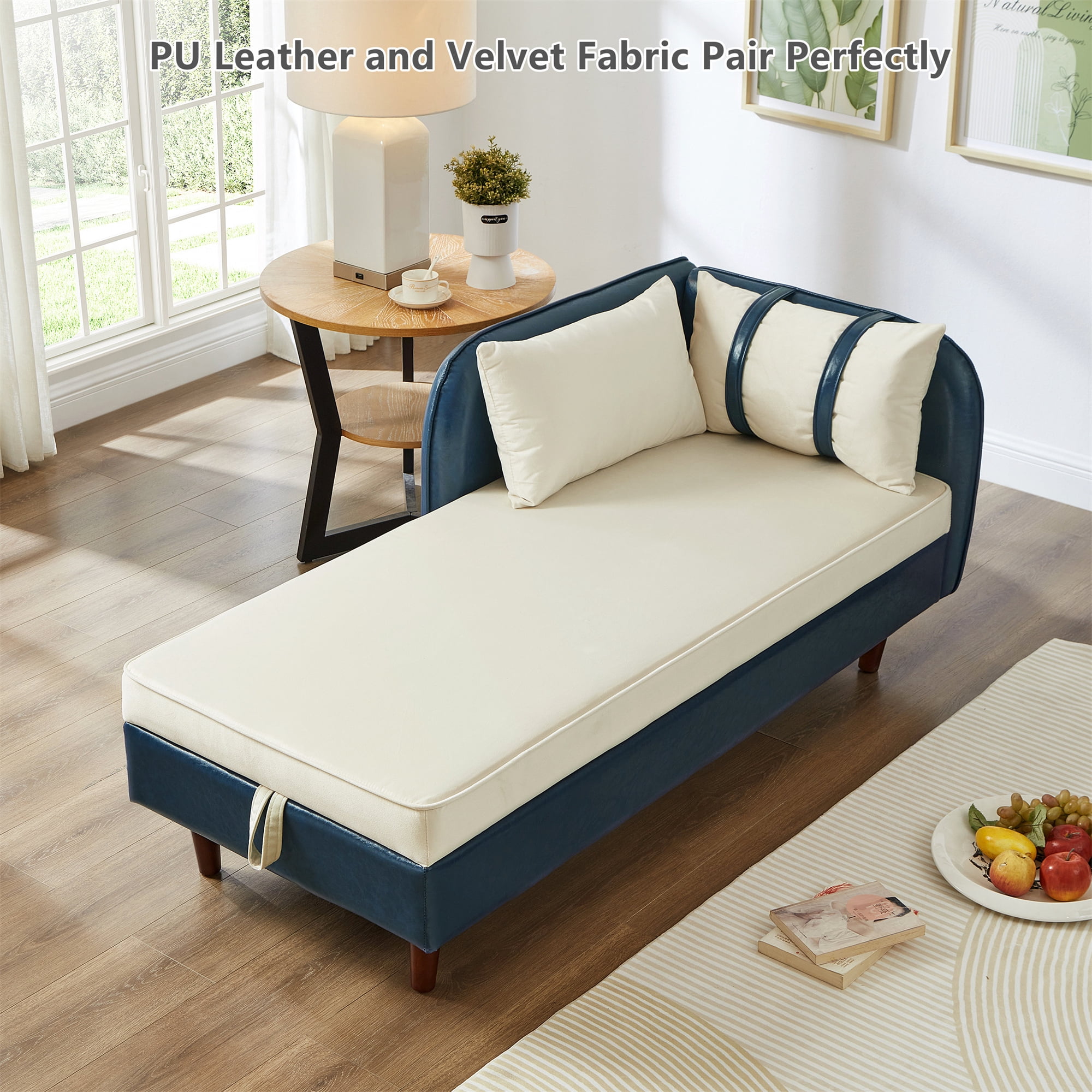 Aukfa 65" Storage Chaise Lounge Indoor Leather Sofa for Living Room Bedroom, Wooden Legs, 2 Pillows, Blue & Beige