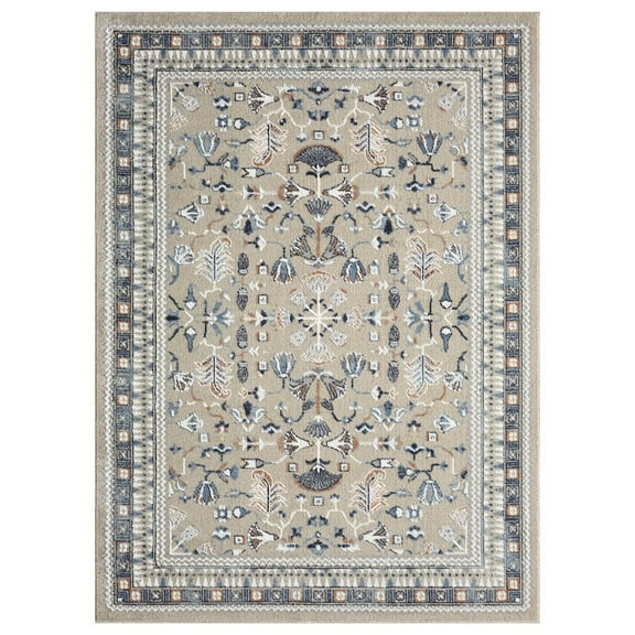 LR Home Blue/Beige Classic Floral Performance Washable Indoor Area Rug