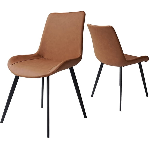 Modern Dining Side Chairs Set Of 2, Brown Faux Leather Upholstered With Black Metal Legs