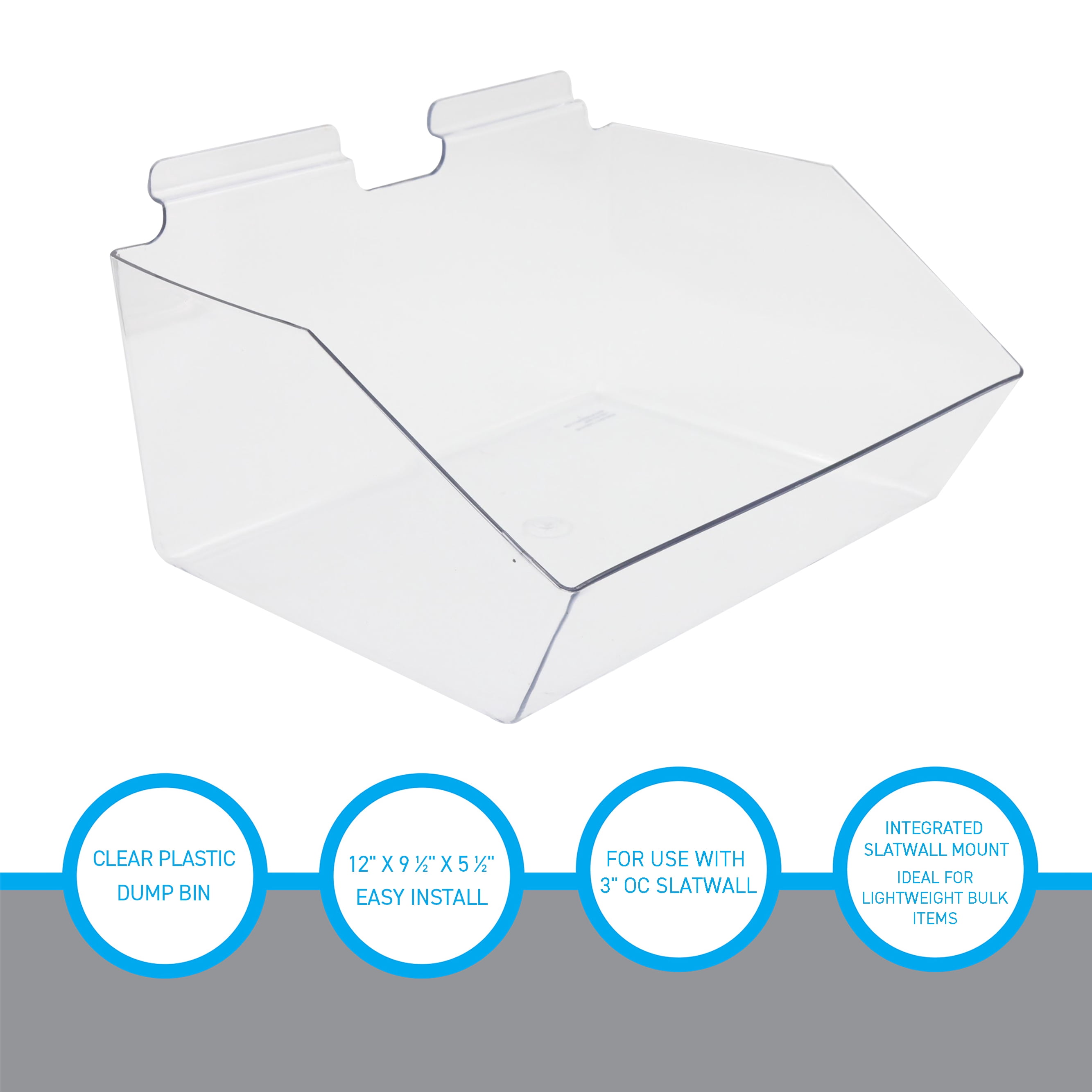 SSWBasics Clear Plastic Dump Bin for Slatwall (Set of 2) - 12" x 5.5" x 9.5" - Retail Display Organizer - Perfect for Retail Stores  Shops  and Merchandising Display