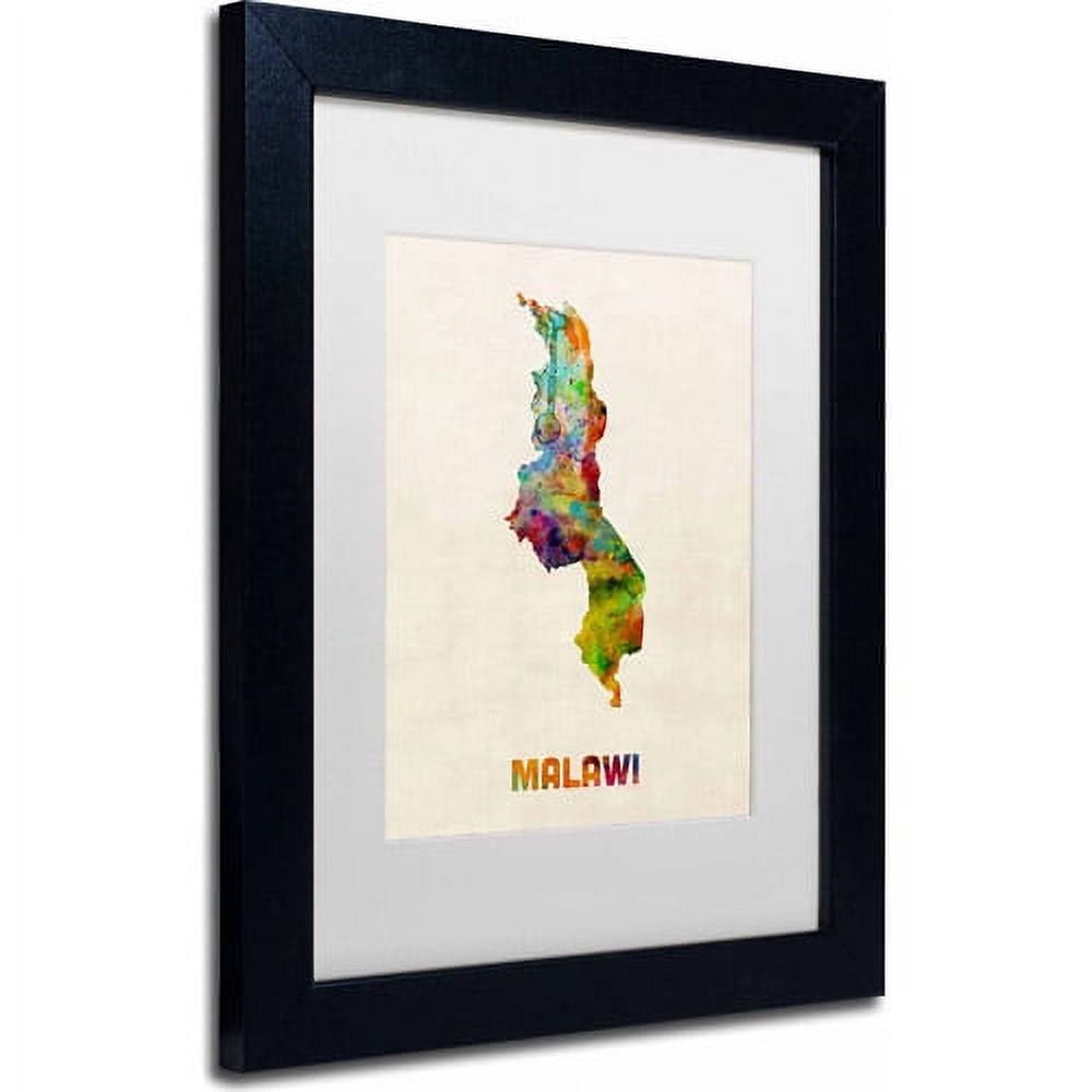 Trademark Fine Art "Malawi Watercolor Map" Canvas Art by Michael Tompsett, White Matte, Black Frame