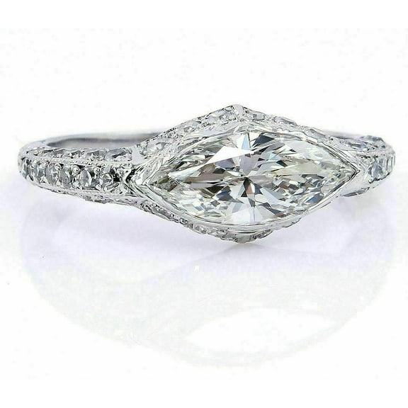 Art Deco East West Diamond Ring, Marquise Diamond Engagement Ring, Vintage Halo Diamond Ring, Solitaire With Accents Diamond Ring, 925 Sterling Silver, 2.6 Ct Simulated Diamond