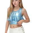 thumbnail image 5 of Girls Shiny Metallic Tank Tops Summer Sleeveless Ruffle Trim Crop Top Vest Belly Dance Sparkly Stage Y2k Outfits( Sky Blue, 9-10 Years ), 5 of 5