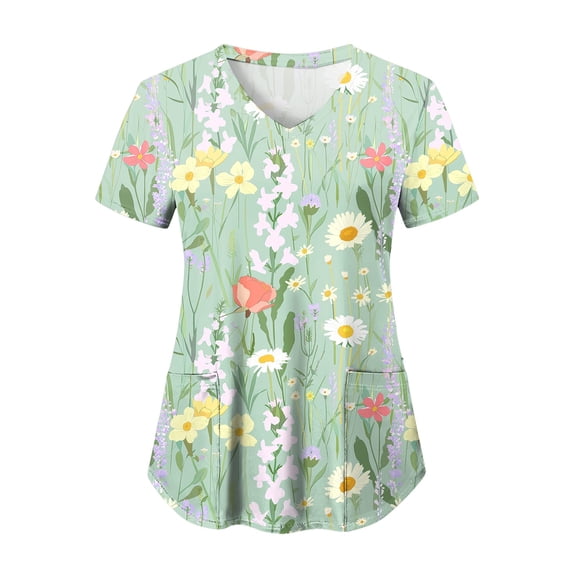 felwors Women's Scrubs Printed Scrub Tops Plus Size Stretch Nursing Scrubs Fall Medical Workwear with Pockets S-5XL (Light Green, M)