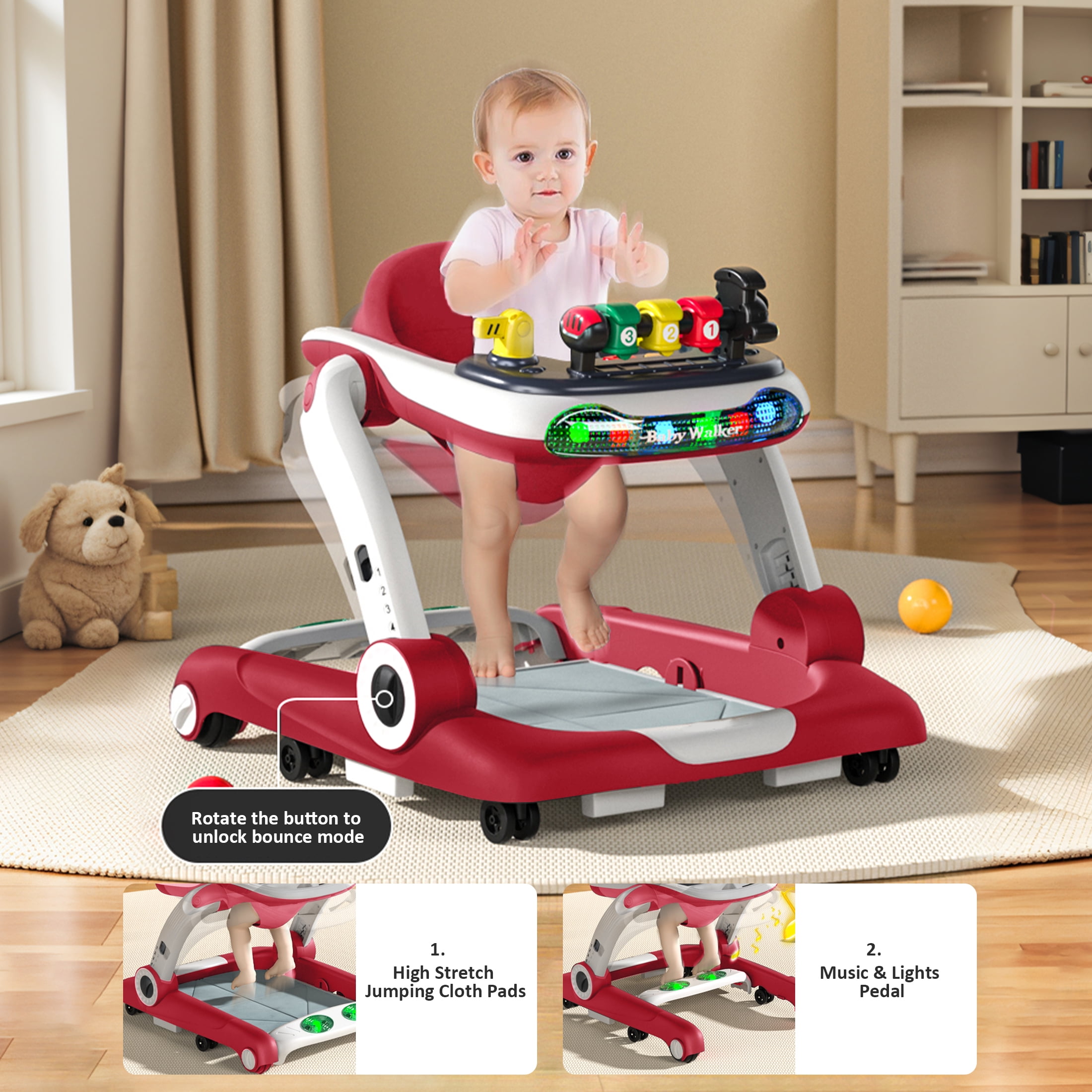 Loewten Baby Walker, 3 in 1 Music and Lights Toddler Jumper, Music Bouncer Walkers for Boys Girls Babies 6-18 Months, Red