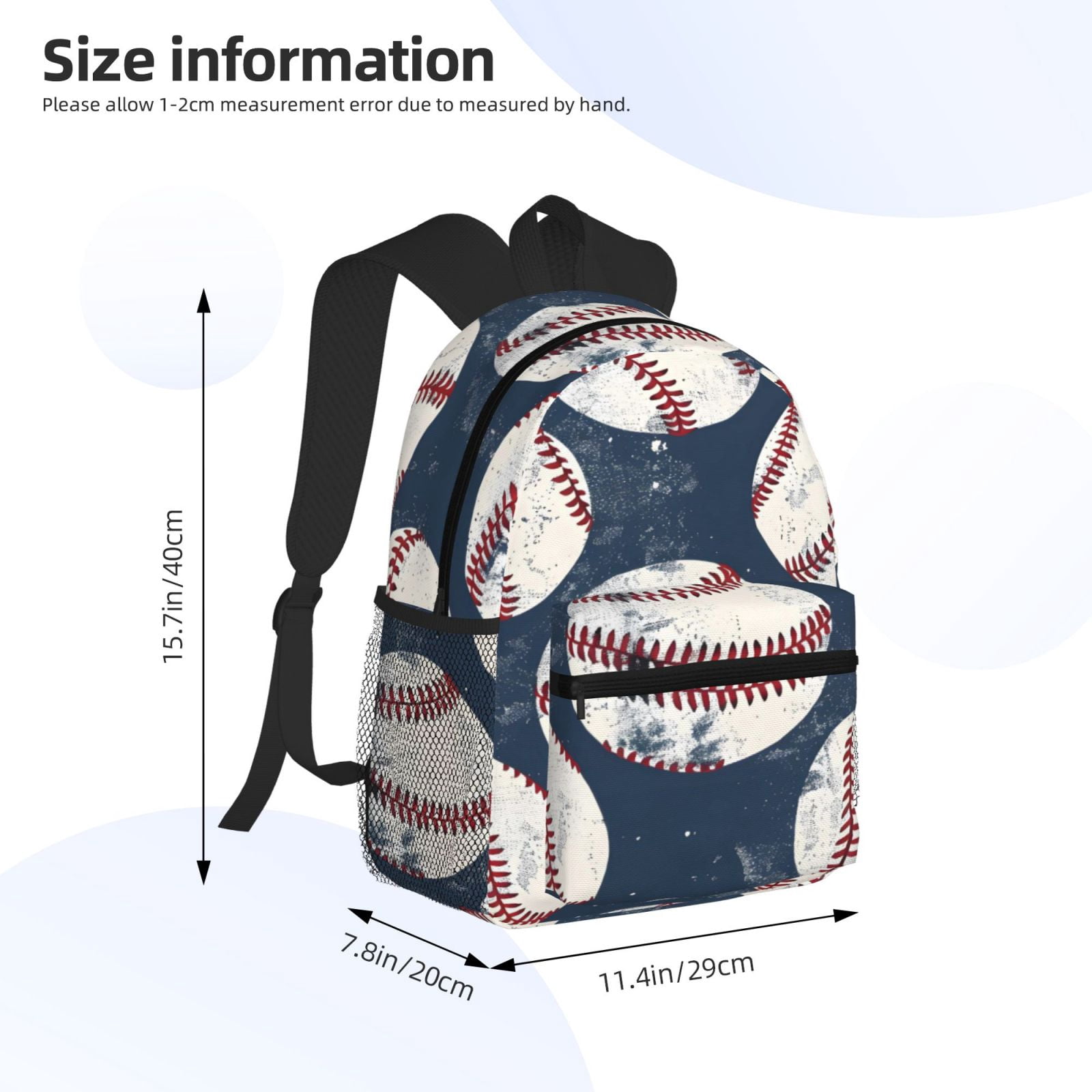 Casual Backpack Water Resistant Lightweight Daypack For Work Travel Hiking Camping Laptop Compartment & Side Mesh Pockets Vintage Baseball Theme Retro Sport Style Worn Leather Baseballs