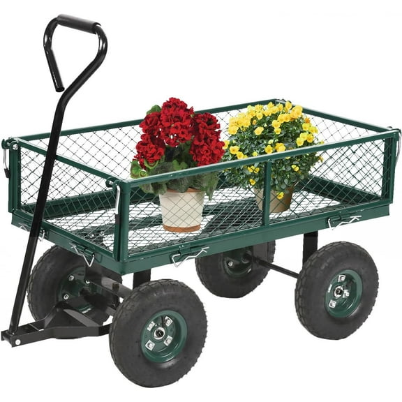 HLL Outdoor Utility Wagon Heavy Duty Garden Cart Steel Mesh Frame Garden Wagon with Wheels Foldable Sides Flexible Lever for Grocery Lawn Yard Garden Beach, Green