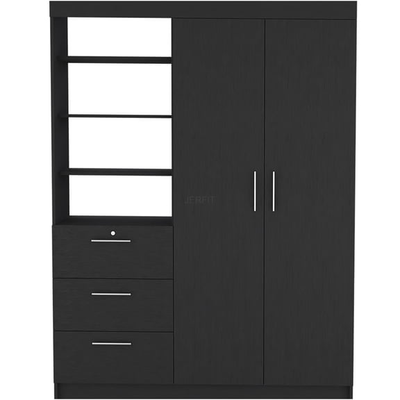JERFIT Black Armoire Wardrobe with Doors and Drawers, Engineered Wood Storage Cabinet for Bedroom, Living Room, Closet Organization