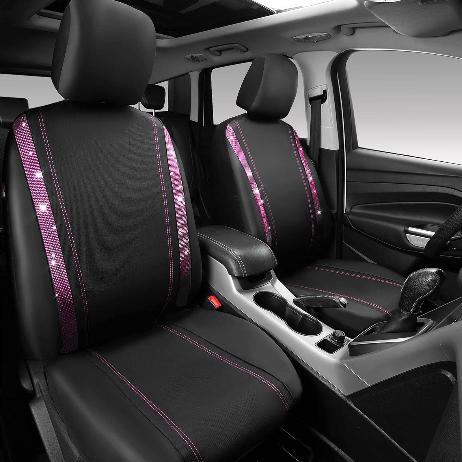Car-Grand Bling diamond Rhinestone Leather car seat covers front pair shinning spark glitter crystal cute universal fit automotive glitter SUV truck sedan women girly Pink