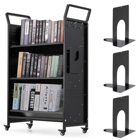 YODOLLA Book Cart with Wheels 352LBS Organization Cart with V-Shaped Shelves,Hooks, Stands, Unilateral Placement, Single Sided 3 Tier Cart for Libraries, Bookstores, Offices
