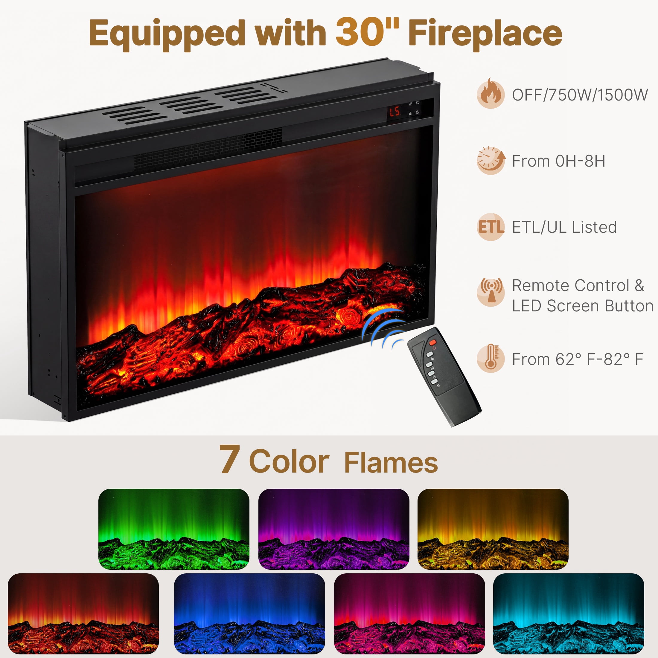PAPROOS Fireplace TV Stand for 70 Inch TV, 64'' Wide Wood TV Cabinet with 30'' Electric Fireplace, Modern Fluted Entertainment Center TV Console Table for Living Room, Black