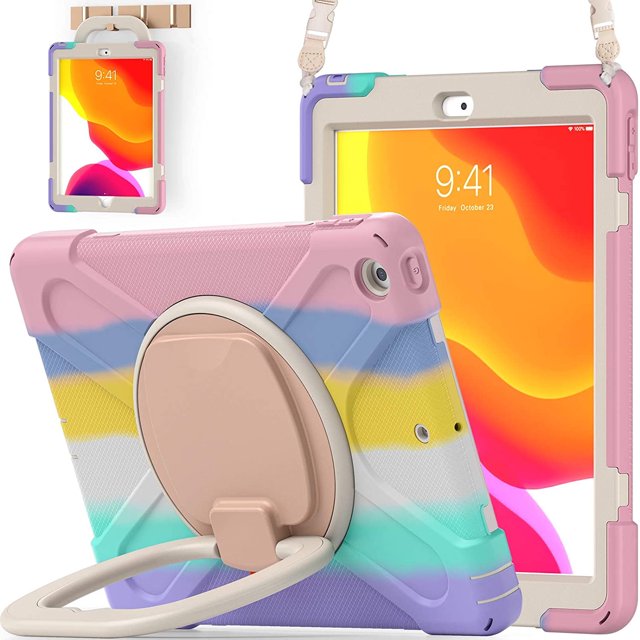 KOMI for iPad 9th/ 8th/ 7th Generation Case (iPad 10.2 inch Rugged Case 2021/2020/2019) with Screen Protector, Rotating Stand/Pencil Holder/Carrying Shoulder Strap Ring Kickstand (Colourful Pink)