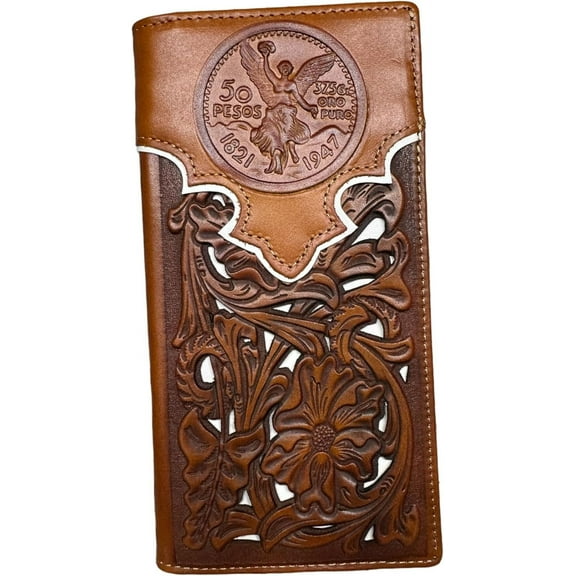 Western Stakes Mexican 50 Peso Embossed Leather Long Wallet Floral Cutout Layered Checkbook Style Cowboy Hand Crafted High End Mens Wallets Leather Gifts For Men (Brown & White)