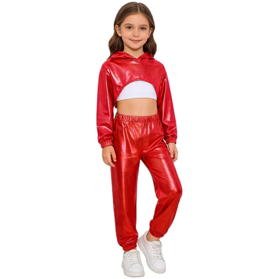 Hansber Kids Girls Modern Street Hip Hop Jazz Dance Outfits Long Sleeve Metallic Hoodie Crop Top and Pants Set Red 16