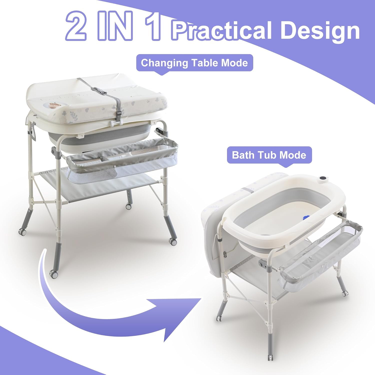 2 in 1 Baby Bathtub with Changing Table, Cuoote Diaper Changing Station Portable Waterproof Changing Table