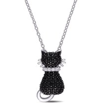 AMOUR Black Spinel and Created White Sapphire Kitty Cat Pendant with Chain In Sterling Silver with Black Rhodium