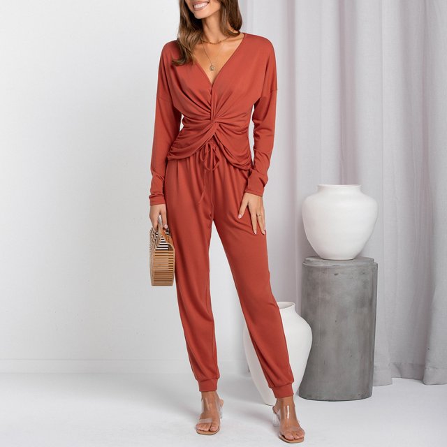 Conjunto de 2 piezas para mujer, conjunto de pantalones con cuello en V y parte delantera torcida, Top de manga larga, traje de pantalones largos con cordón