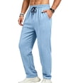 thumbnail image 2 of GrmtClth Casual Pants for Men Drawstring Elastic Waist Lightweight Linen Pants Loose Fit Straight Legs Beach Trousers with Pockets Light Blue S, 2 of 7