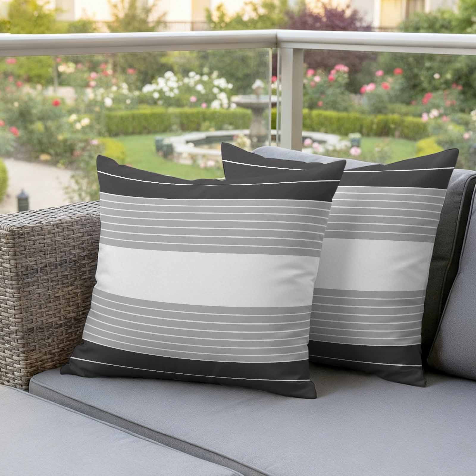 Black Grey Stripe Outdoor Waterproof Pillow Covers, Modern Art Horizontal Striped Decorative Square Throw Pillowcase Sofa Cushion Sham for Patio/Couch/Chair, 18"x18" 2 Pack