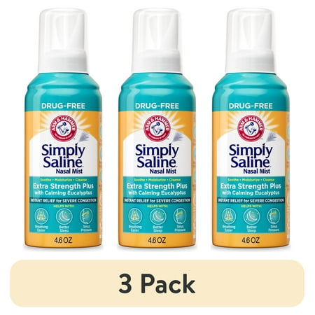 (3 pack) ARM & HAMMER Simply Saline Extra Strength Plus Eucalyptus Nasal Mist for Severe Congestion, 4.6 oz