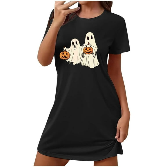 Sakmal Halloween Nightgowns for Women Ultra-Soft Black Playful Sleep Dress Ghost Print Short Short Sleeve Crew Neck Nightgowns S-2XL