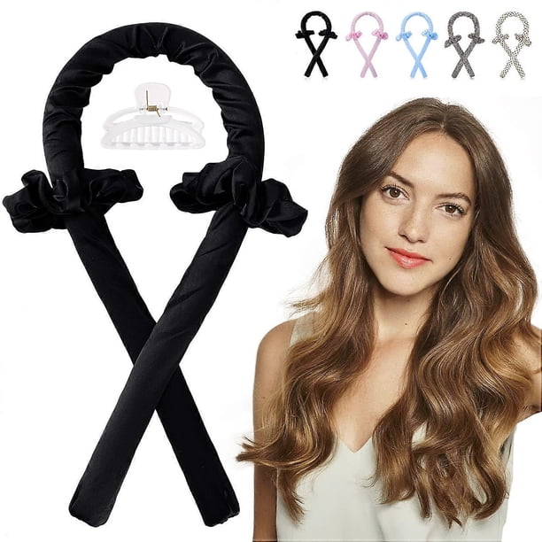 Rizador de pelo sin calor con cinta de seda para peinar el cabello largo durante la noche, incluye coleteros y pinzas.