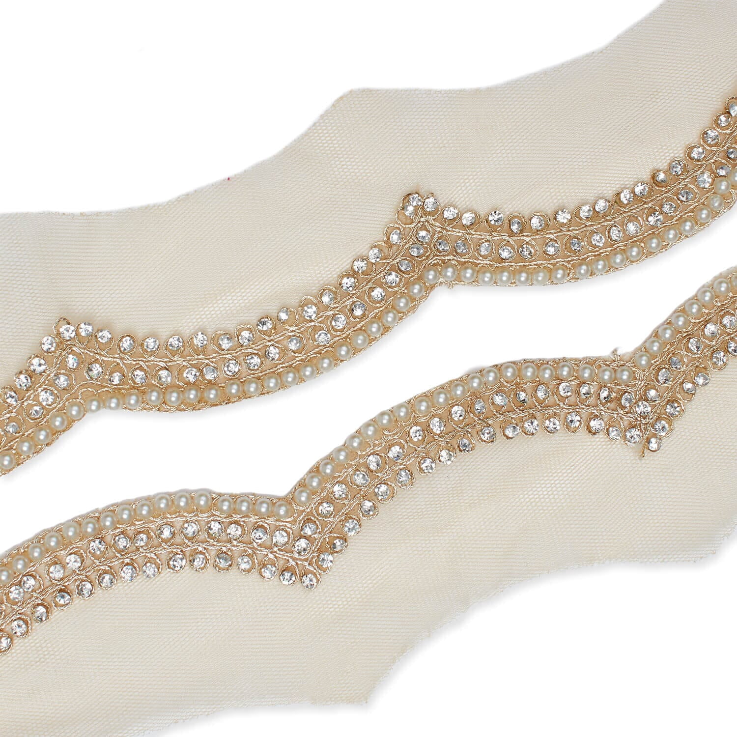 3 Inch Scalloped Regal Rhinestones Beads & Metallic Cording On Polyester Mesh Trim For Sewing, Crafts, Decor, Or Upholstery - Champagne 1 Pack (9.8 Yards / 9 Meters)