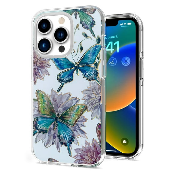 For Apple iPhone 13 Pro Max 6.7" Stylish Gold Layer Printing Design Hybrid Rubber TPU Hard PC Shockproof Rugged Slim Cover ,Xpm Phone Case [ Butterfly Floral ]