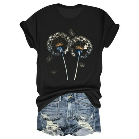 NAMTYQX Ladies Tops and Blouses Graphic Loose Fitting Short Sleeve Plus Size Bedruckte Lightweight Cute Soft Crewneck Spring Tops for Women 2025 Black Size L