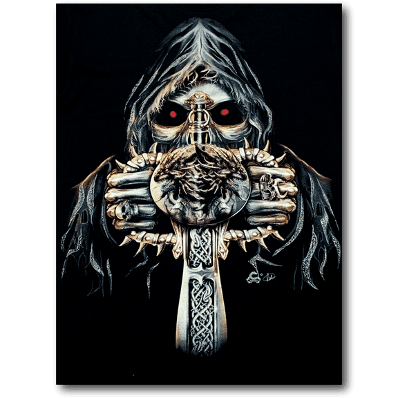 Skull holding Vertical Sword with Metal Nose Ring Glow in the Dark 4D Caballo T-Shirt