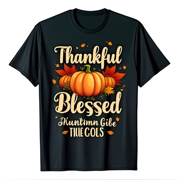 Thankful Blessed T-Shirt with Cartoon Pumpkins & Fall Leaves Black Tee