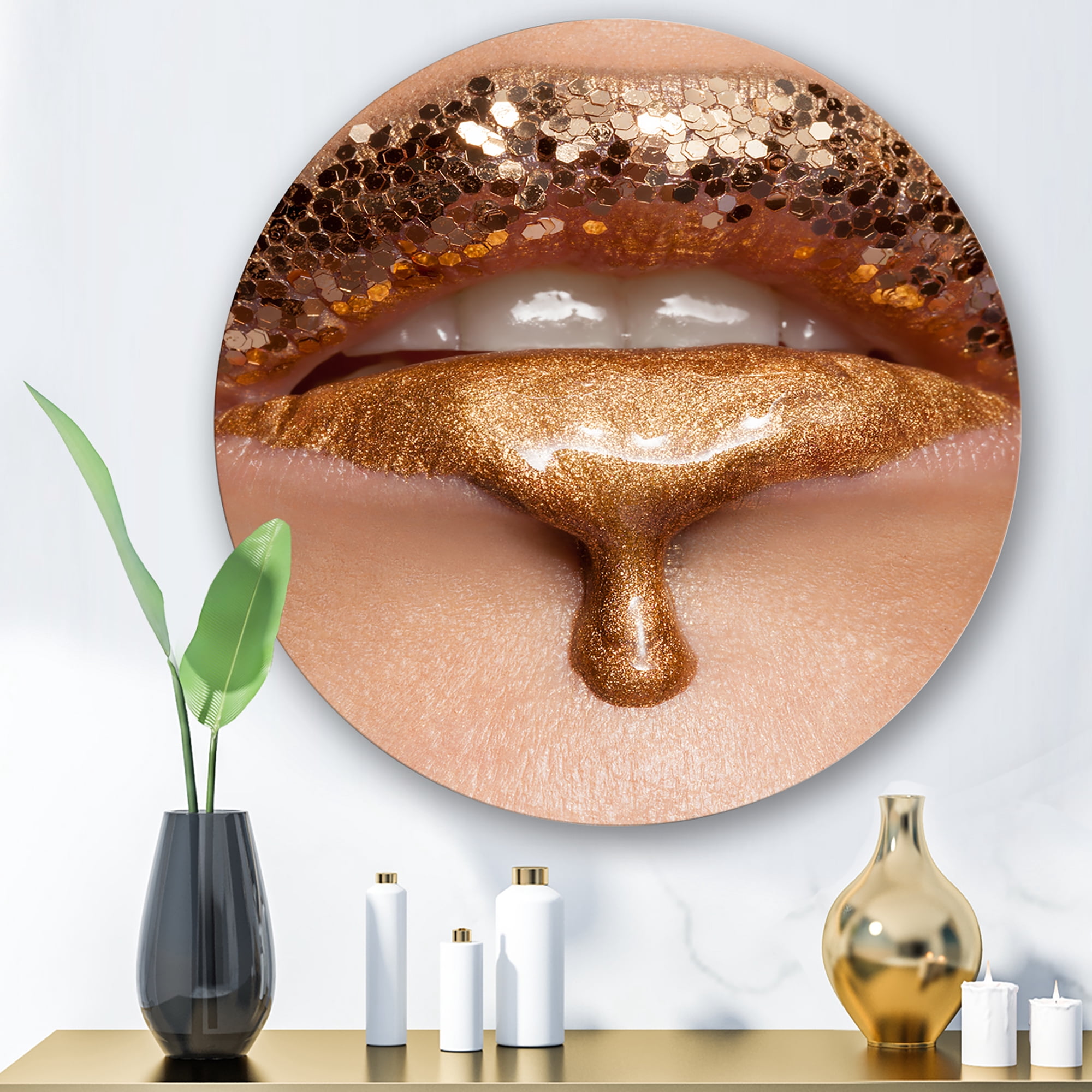 Designart 'Close-Up Of Woman Make-Up Of Gold Liquid Lips' Modern Circle Metal Wall Art 11x11 - Disc of 11