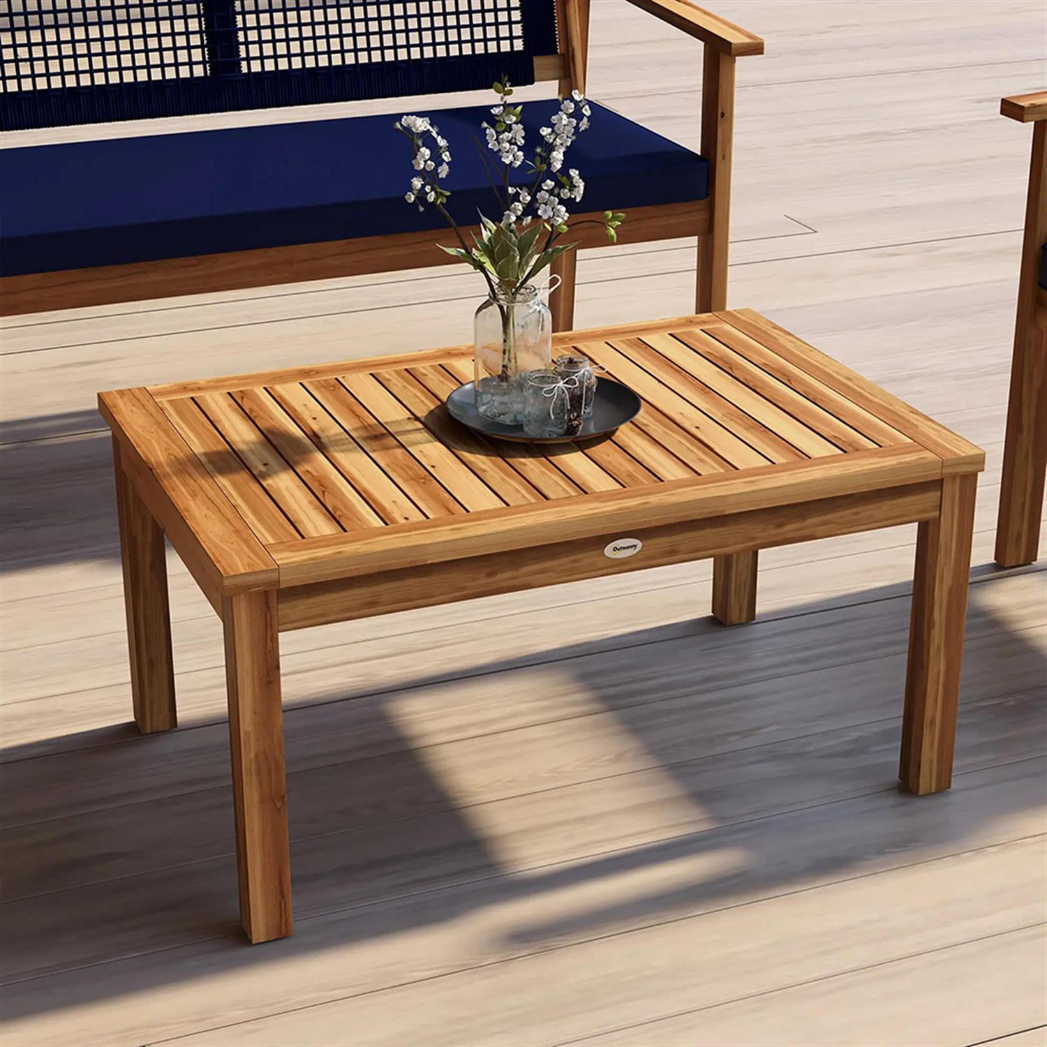 Demi Bonn 4-Piece Outdoor Conversation Sofa, Patio Furniture Set with 2 Acacia Wood Chairs Cushions & Slatted Coffee Table for Backyard, Balcony, Porch, Brown