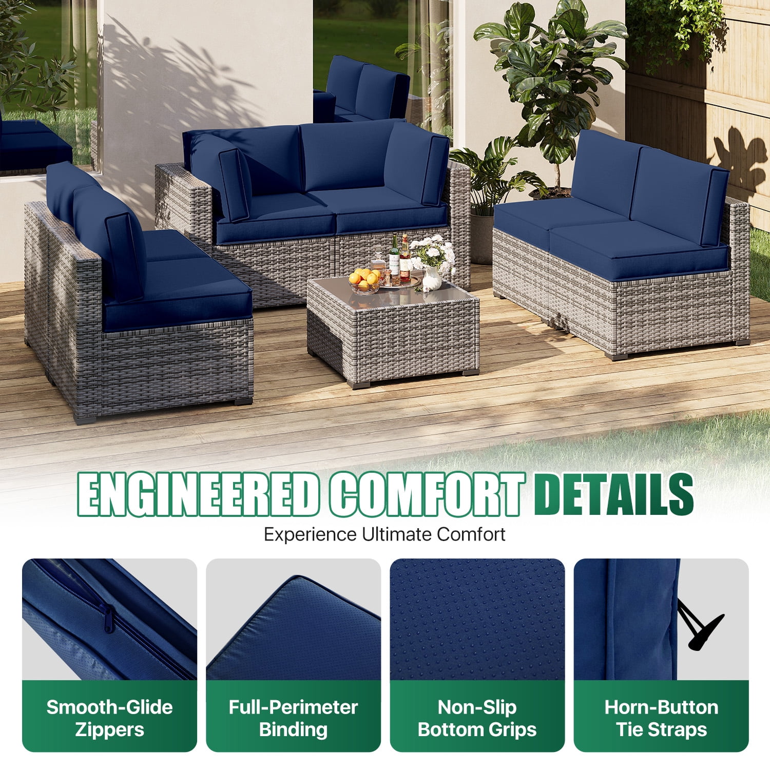 Clouddwell 14-Piece Outdoor Cushion Set for 6-Seat Wicker Sectional - Waterproof, High-Resilience Foam (Navy Blue)