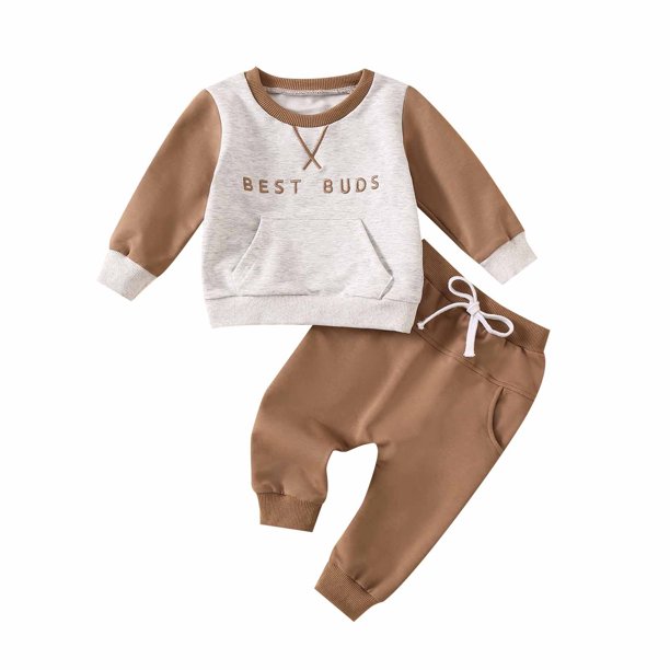 Sudadera Para Niños Pequeños Otoño Invierno Niñas Niños Cuello Redondo Manga Larga Casualletter Imprimir Suéter Pantalones Conjunto Marrón Odeerbi LM103-6564
