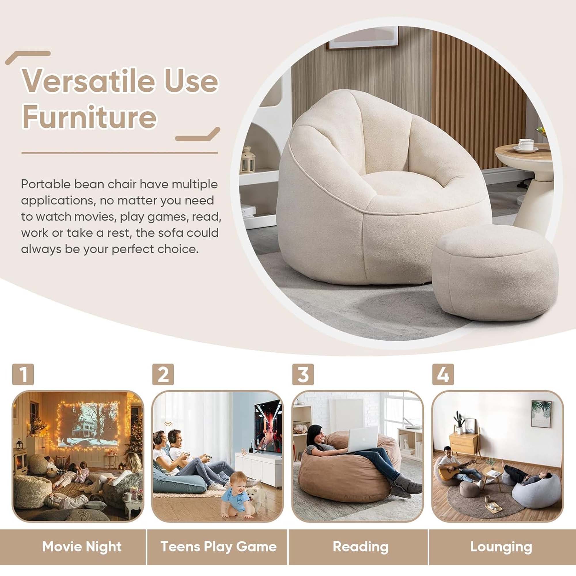 Aukfa Bean Bag Chair, Lazy Sofa Beanbag with Ottoman for Living Room, Dorm - Beige